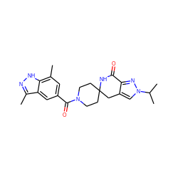 Cc1n[nH]c2c(C)cc(C(=O)N3CCC4(CC3)Cc3cn(C(C)C)nc3C(=O)N4)cc12 ZINC000096283386