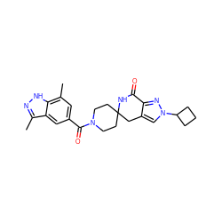 Cc1n[nH]c2c(C)cc(C(=O)N3CCC4(CC3)Cc3cn(C5CCC5)nc3C(=O)N4)cc12 ZINC000096283393