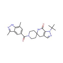 Cc1n[nH]c2c(C)cc(C(=O)N3CCC4(CC3)Cc3cnn(C(C)(C)C)c3C(=O)N4)cc12 ZINC000096283385