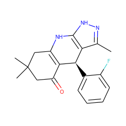 Cc1n[nH]c2c1[C@@H](c1ccccc1F)C1=C(CC(C)(C)CC1=O)N2 ZINC000004009650