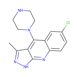 Cc1n[nH]c2nc3ccc(Cl)cc3c(N3CCNCC3)c12 ZINC000073165692