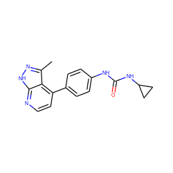 Cc1n[nH]c2nccc(-c3ccc(NC(=O)NC4CC4)cc3)c12 ZINC001772575443