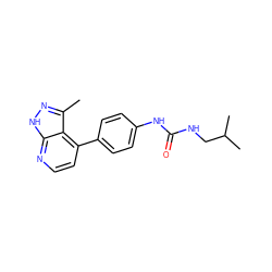 Cc1n[nH]c2nccc(-c3ccc(NC(=O)NCC(C)C)cc3)c12 ZINC001772614073