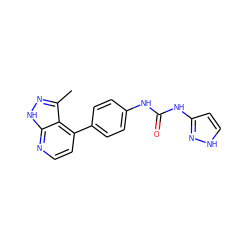 Cc1n[nH]c2nccc(-c3ccc(NC(=O)Nc4cc[nH]n4)cc3)c12 ZINC001772637927