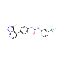 Cc1n[nH]c2nccc(-c3ccc(NC(=O)Nc4cccc(C(F)(F)F)c4)cc3)c12 ZINC001772649818