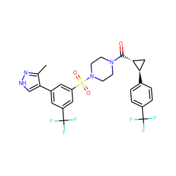 Cc1n[nH]cc1-c1cc(C(F)(F)F)cc(S(=O)(=O)N2CCN(C(=O)[C@@H]3C[C@H]3c3ccc(C(F)(F)F)cc3)CC2)c1 ZINC000049872408