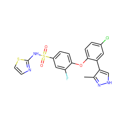 Cc1n[nH]cc1-c1cc(Cl)ccc1Oc1ccc(S(=O)(=O)Nc2nccs2)cc1F ZINC000095581712
