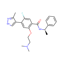 Cc1n[nH]cc1-c1cc(OCCN(C)C)c(C(=O)N[C@H](C)c2ccccc2)cc1F ZINC001772597521