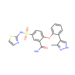 Cc1n[nH]cc1-c1ccccc1Oc1ccc(S(=O)(=O)Nc2nccs2)cc1C(N)=O ZINC000095584603