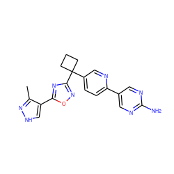 Cc1n[nH]cc1-c1nc(C2(c3ccc(-c4cnc(N)nc4)nc3)CCC2)no1 ZINC000096175540