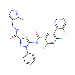 Cc1n[nH]cc1CNC(=O)c1cc(NC(=O)c2cc(-c3ncccc3F)c(F)cc2Cl)n(-c2ccccc2)n1 ZINC001772575185