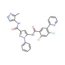 Cc1n[nH]cc1NC(=O)c1cc(NC(=O)c2cc(-c3ccccn3)c(Cl)cc2Cl)n(-c2ccccc2)n1 ZINC001772592623