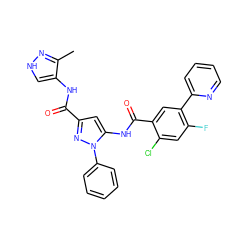 Cc1n[nH]cc1NC(=O)c1cc(NC(=O)c2cc(-c3ccccn3)c(F)cc2Cl)n(-c2ccccc2)n1 ZINC001772596308