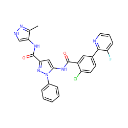 Cc1n[nH]cc1NC(=O)c1cc(NC(=O)c2cc(-c3ncccc3F)ccc2Cl)n(-c2ccccc2)n1 ZINC001772616820