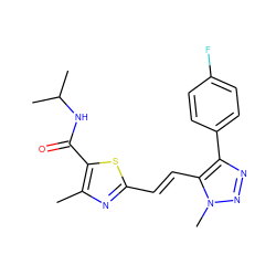 Cc1nc(/C=C/c2c(-c3ccc(F)cc3)nnn2C)sc1C(=O)NC(C)C ZINC000168503471