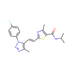 Cc1nc(/C=C/c2c(C)nnn2-c2ccc(F)cc2)sc1C(=O)NC(C)C ZINC000168675217