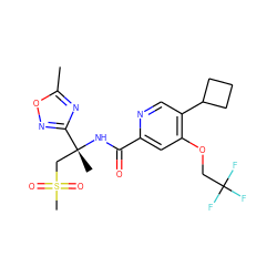 Cc1nc([C@@](C)(CS(C)(=O)=O)NC(=O)c2cc(OCC(F)(F)F)c(C3CCC3)cn2)no1 ZINC000146381282