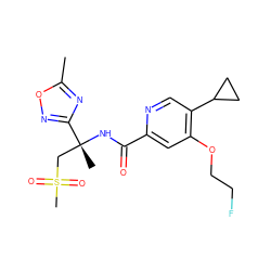 Cc1nc([C@@](C)(CS(C)(=O)=O)NC(=O)c2cc(OCCF)c(C3CC3)cn2)no1 ZINC000146217627