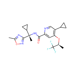 Cc1nc([C@@](C)(NC(=O)c2cc(O[C@@H](C)C(F)(F)F)c(C3CC3)cn2)C2CC2)no1 ZINC000149207822