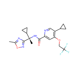 Cc1nc([C@@](C)(NC(=O)c2cc(OCC(F)(F)F)c(C3CC3)cn2)C2CC2)no1 ZINC000146226097