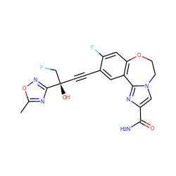 Cc1nc([C@@](O)(C#Cc2cc3c(cc2F)OCCn2cc(C(N)=O)nc2-3)CF)no1 ZINC000219453716