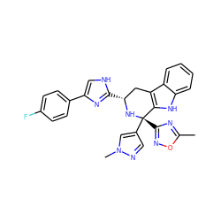 Cc1nc([C@@]2(c3cnn(C)c3)N[C@H](c3nc(-c4ccc(F)cc4)c[nH]3)Cc3c2[nH]c2ccccc32)no1 ZINC000095562220