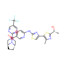 Cc1nc([C@@H](C)O)sc1-c1csc(Nc2ccc(C(=O)N3[C@H]4CC[C@H]3CN(c3ncc(C(F)(F)F)cn3)C4)cn2)n1 ZINC001772616729