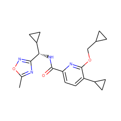 Cc1nc([C@@H](NC(=O)c2ccc(C3CC3)c(OCC3CC3)n2)C2CC2)no1 ZINC000150247804