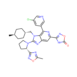Cc1nc([C@@H]2CCCN2c2nc3cc(-c4noc(=O)[nH]4)nc(-c4cncc(Cl)c4)c3n2C[C@H]2CC[C@H](C)CC2)no1 ZINC000261129303