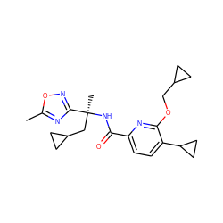 Cc1nc([C@](C)(CC2CC2)NC(=O)c2ccc(C3CC3)c(OCC3CC3)n2)no1 ZINC000207742319