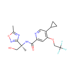 Cc1nc([C@](C)(CO)NC(=O)c2cc(OCC(F)(F)F)c(C3CC3)cn2)no1 ZINC000146199350