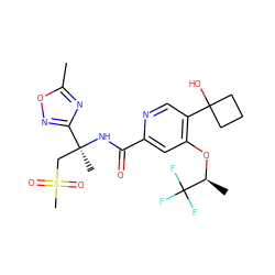 Cc1nc([C@](C)(CS(C)(=O)=O)NC(=O)c2cc(O[C@@H](C)C(F)(F)F)c(C3(O)CCC3)cn2)no1 ZINC000146190718