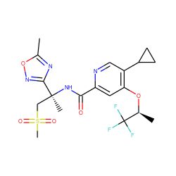 Cc1nc([C@](C)(CS(C)(=O)=O)NC(=O)c2cc(O[C@@H](C)C(F)(F)F)c(C3CC3)cn2)no1 ZINC000149243789