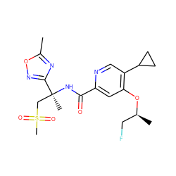 Cc1nc([C@](C)(CS(C)(=O)=O)NC(=O)c2cc(O[C@@H](C)CF)c(C3CC3)cn2)no1 ZINC000146294029