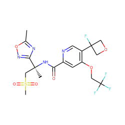 Cc1nc([C@](C)(CS(C)(=O)=O)NC(=O)c2cc(OCC(F)(F)F)c(C3(F)COC3)cn2)no1 ZINC000146140859