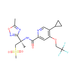 Cc1nc([C@](C)(CS(C)(=O)=O)NC(=O)c2cc(OCC(F)(F)F)c(C3CC3)cn2)no1 ZINC000149220829