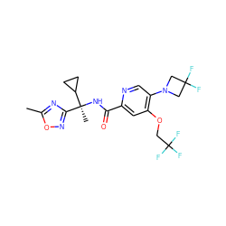 Cc1nc([C@](C)(NC(=O)c2cc(OCC(F)(F)F)c(N3CC(F)(F)C3)cn2)C2CC2)no1 ZINC000146572758