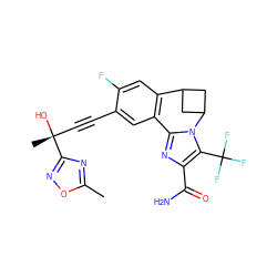 Cc1nc([C@](C)(O)C#Cc2cc3c(cc2F)C2CC(C2)n2c-3nc(C(N)=O)c2C(F)(F)F)no1 ZINC000219473310