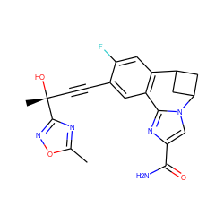 Cc1nc([C@](C)(O)C#Cc2cc3c(cc2F)C2CC(C2)n2cc(C(N)=O)nc2-3)no1 ZINC000220008758