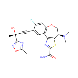 Cc1nc([C@](C)(O)C#Cc2cc3c(cc2F)OC[C@@H](N(C)C)c2sc(C(N)=O)nc2-3)no1 ZINC000219433735