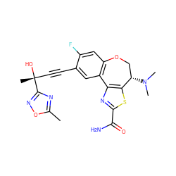 Cc1nc([C@](C)(O)C#Cc2cc3c(cc2F)OC[C@H](N(C)C)c2sc(C(N)=O)nc2-3)no1 ZINC000219418959