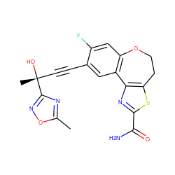 Cc1nc([C@](C)(O)C#Cc2cc3c(cc2F)OCCc2sc(C(N)=O)nc2-3)no1 ZINC000219535562