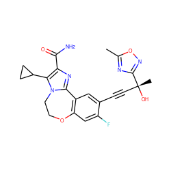 Cc1nc([C@](C)(O)C#Cc2cc3c(cc2F)OCCn2c-3nc(C(N)=O)c2C2CC2)no1 ZINC000215759398