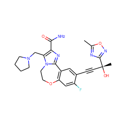 Cc1nc([C@](C)(O)C#Cc2cc3c(cc2F)OCCn2c-3nc(C(N)=O)c2CN2CCCC2)no1 ZINC000215762202