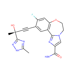 Cc1nc([C@](C)(O)C#Cc2cc3c(cc2F)OCCn2cc(C(N)=O)nc2-3)n[nH]1 ZINC000219458754