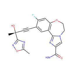 Cc1nc([C@](C)(O)C#Cc2cc3c(cc2F)OCCn2cc(C(N)=O)nc2-3)no1 ZINC000215747139