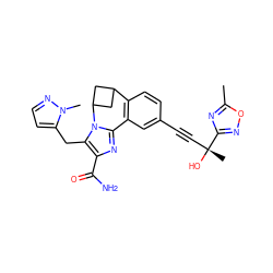 Cc1nc([C@](C)(O)C#Cc2ccc3c(c2)-c2nc(C(N)=O)c(Cc4ccnn4C)n2C2CC3C2)no1 ZINC000219505579