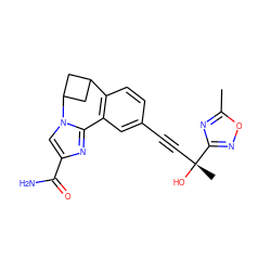 Cc1nc([C@](C)(O)C#Cc2ccc3c(c2)-c2nc(C(N)=O)cn2C2CC3C2)no1 ZINC000215743139