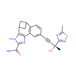 Cc1nc([C@](C)(O)C#Cc2ccc3c(c2)-c2nc(C(N)=O)n(C)c2C2CC3C2)no1 ZINC000215773489