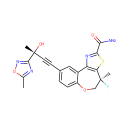 Cc1nc([C@](C)(O)C#Cc2ccc3c(c2)-c2nc(C(N)=O)sc2[C@@](C)(F)CO3)no1 ZINC000219445106